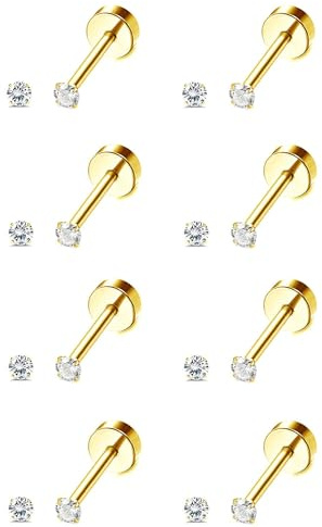 8 Paar 316L Chirurgenstahl Ohrstecker Gold Set, 14K Vergoldetes mit Zirkonia Ohrstecker, Flachrücken Gold Ohrringe, Hypoallergene Knorpel Piercing Schmuck für Damen und Herren.