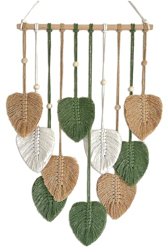TUDRUKU 15.7x36 Inch Macrame Wall Hanging Nursery Decor Leaves Woven Tapestry Feather Handmade Yarn Tassels Boho Wall Decor for Bedroom Living Room Apartment Home Backdrop (Green)