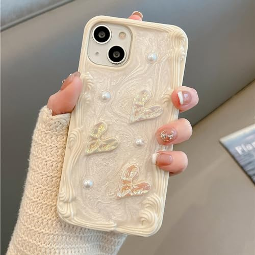 QLTYPRI Aesthetic Handyhülle für iPhone 13/ iPhone 14 Hülle, Süßes Creme mit Herz Design Perlen Glitzer Kristall für Frauen Mädchen Teen Girls Schutzhülle - Weiß
