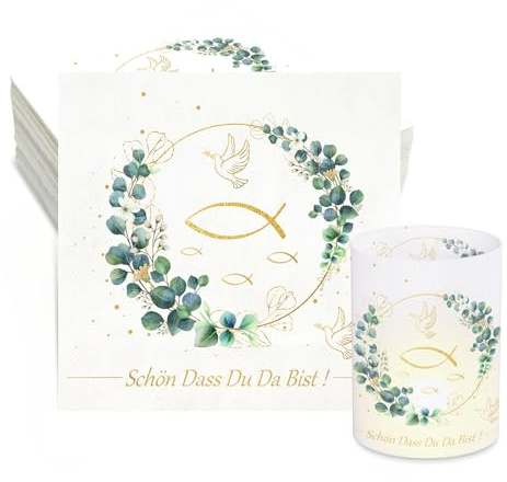 32 Stück Servietten und 8 Stück Windlichter für Kommunion, Konfirmation, Taufe - Schön Dass Du Da Bist