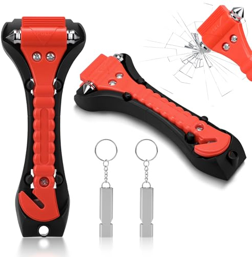 2 Stück Nothammer Auto Notfallhammer mit Gurtschneider, 2 in 1 Sicherheitshammer Auto mit Gurtschneider Auto Sicherheits Hammer mit 2 Trillerpfeife, Sicherheitshammer mit Gurtmesser fürs Auto Bus PKW