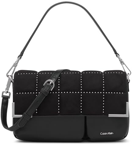 Calvin Klein Damen Mica Demi-Schultertasche und Crossbody-Tasche mit Klappe, Schwarz/Silber gesteppt
