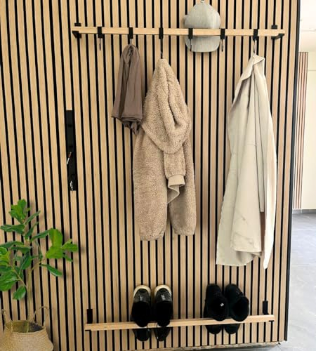 Steinmine - Designmanufaktur Eichenholz Kleiderstange und Haken für Garderobenpaneel - Kompatibel mit Akustikpaneel-Lamellenwand,(99 cm Breite für Hochkantmontage Akustikpaneele)