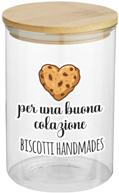 Biscotti Handmades per una buona colazione Barattolo Contenitore Trasparenti In Vetro Personalizzato Con Nome Coperchio Legno Idea Regalo Arredo Decorazioni Casa Cucina per Alimenti Cibo Dolci Cookie