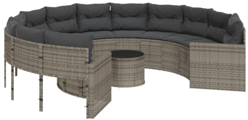 vidaXL Gartensofa mit Tisch und Kissen Rund Grau Poly Rattan, Terrassensofa, Loungesofa, rundes Sofa, Outdoor Sofa, Loungemöbel, Sofa rund