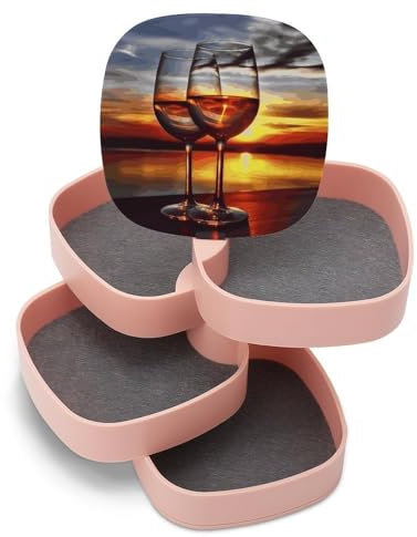 EKYOSHCZ Jewelry Organizers Sunset Wine Glass Rotatable Jewelry Boxes 4-Layer Earring Holder for Women Travel Jewelry Case Organizer Tray for Rings Bracelets Necklaces Earrings Gifts