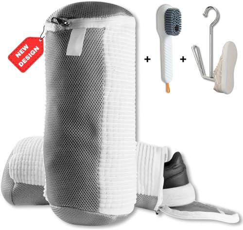 Pack x4 | 2 Sac Lavage Chaussure Machine À Laver + Brosse + Cintre Séchage | Shoes Washing Bag Laundry, Filet Housse Nettoyage (Blanc)