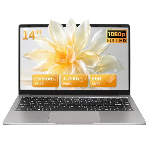LONGEVINCE Ordinateur Portable 14 Pouces,Celeron J4105 Win11 Pro,8Go DDR4,PC Portable IPS 1920 x 1080,avec Protection de Clavier AZERTY en français,Idéal Étudiant & Bureautique(Gris, 8GB+256G SSD)