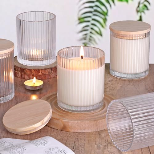 sunnyfuture 283.5 g Klare Kerzengläser für die Herstellung von Kerzen 8er Set Geriffelte Glas Kerzengläser mit Holzdeckel und Etiketten Kerzenbehälter für DIY Geschenke Heimdekoration