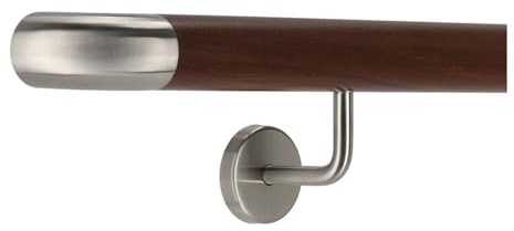 TIBU Pasamanos de aluminio, nogal, madera, decoración, 30-600 cm, pasamanos de pared, soporte de acero inoxidable en ángulo, longitud 150 cm con 2 soportes y arco para pared