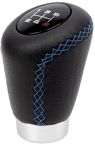 +PWR Car Parts Pomello universale del cambio Modello OEM Corto II Similpelle nera con cuciture blu. Grilletto da 27 mm. Con schemi di cambio marcia intercambiabili.
