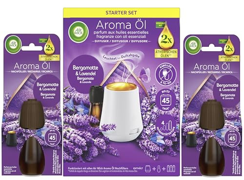 Air Wick Aroma-Öl Diffuser Starter-Set inklusive 1 Gerät & 3x20ml Bergamotte & Lavendel Nachfüller