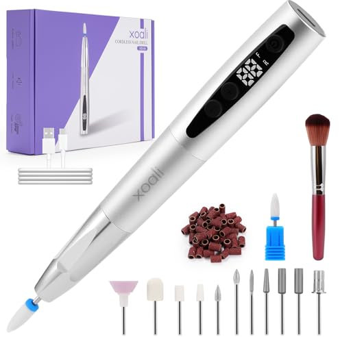 Xoali Nagelfräser Kabellos 35000 u/min，13 in 1 Elektrische Nagelfeile，Fräser für Gelnägel Professionell mit Batterie，Maniküre Pediküre set Elektrisch für Semi Permanent, Acrylnägel, Naturnägel(Silber)