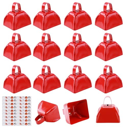 cyrico Cow Bell, 15 Pack Small Cowbells for Sporting Events, 3 Inch Loud Noise Makers for Cheering, Bulk Red Metal Hand Percussion Alarm Call Bells with Handle for Football Games Weddings Celebrations