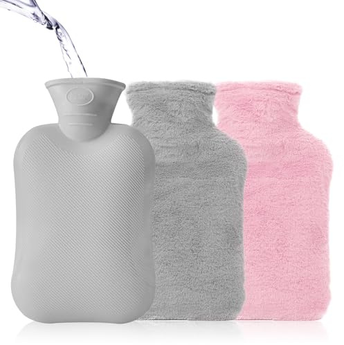 Varmvattenflaska med 2 ultramjuka plyschöverdrag (grå och rosa), bärbar varm vattenflaska för utomhus resor hals