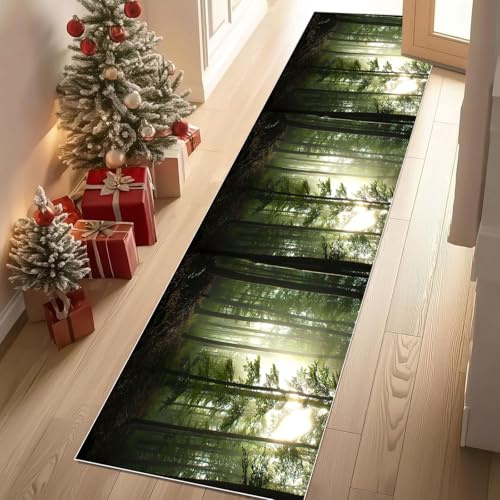 Meugesoi Natur Nebel Wald Teppich Flur Läufer Sonnenlicht Teppichläufer Küchenläufer Carpet rutschfest Waschbar für Bettvorleger Flur Küche Waschküche 80 X 180 cm
