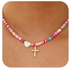 Aretas Bunte Perlenkette kreuz kette für Damen Frauen Mädchen Handgefertigt Boho Perlen Buchstaben kreuzKette Teenager Mädchen Damen Schmuck Geschenke 15+2zoll
