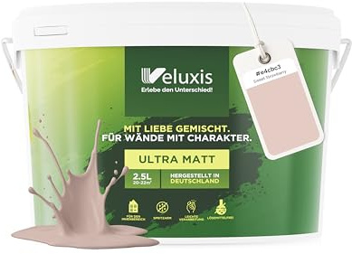 Veluxis Wandfarbe Rosa Beige Hellgrau matt 2,5 L – Sweet Strawberry | Innenfarbe mit Deckkraft Klasse 1, VOC-frei, ohne Grundierung, tropfarm, für Wohnzimmer und Schlafzimmer