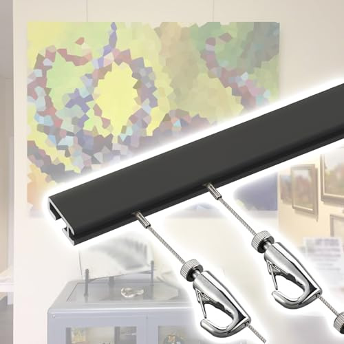 Sistema per appendere quadri nero – Kit invisibile per appendere foto, cornici, tele e dipinti, include 2 cavi in acciaio (binario da 1,5 m, cavo 300 cm, 3 ganci)