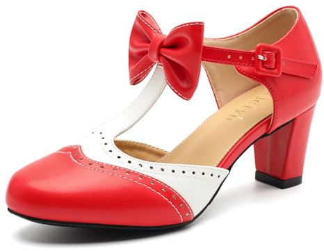 Rjclyh Women's Mary Jane Heels T-Strap Chunky Pumps with Cute Bowknot Cutout, Retro 1950s Kawaii Lolita Cosplay Party Wedding Dress Shoes Red & White US 9.5