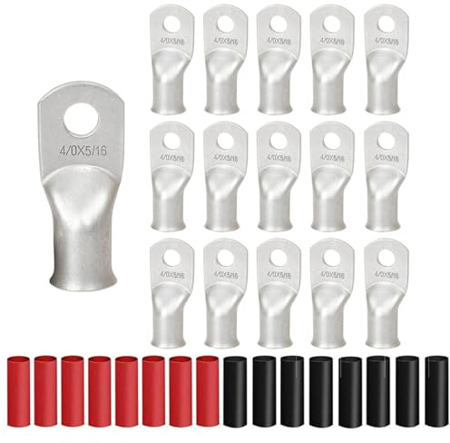 16Pcs 4/0 AWG 5/16 Stud Heavy Duty Tinned Copper Wire Lugs with 16Pcs Heat Shrink Tubing 4/0 Gauge Ring Terminals Battery Cable Ends Bare Copper Eyelets Tubular Ring Terminal for Car Boat Marine