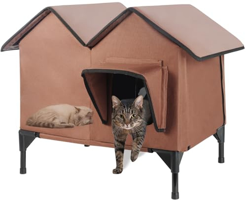 Outdoor Waterproof Cat House, Large Cat Shelter, Pet House with Elevated Base and Cushion, Feral Cat Kennel for Multiple Cats and Small Dogs (Brown, Large)