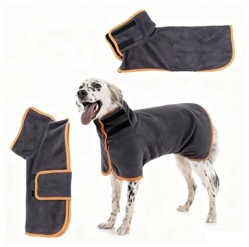 Hundebademantel, Mikrofaser Hundehandtuch mit Klettverschluss & Verstellbaren Trägern,Extra Saugfähig,Schnell Trocknend Hunde Bademantel für Katzen und Kleine bis Mittelgroße Hunde (Grau+Orange,S)
