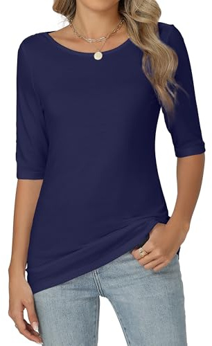 Famrrifuu Maglia Mezza Manica Donna Collo Rotondo Maglietta Elegante Basic Top Leggero Bluse Estivo Primavera T-Shirt, Blu Royal, L