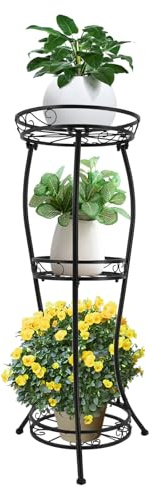 Shinpeed Supporto per piante in metallo con 3 livelli, 84 cm, per interni ed esterni, per terrazza, giardino, balcone, colore nero