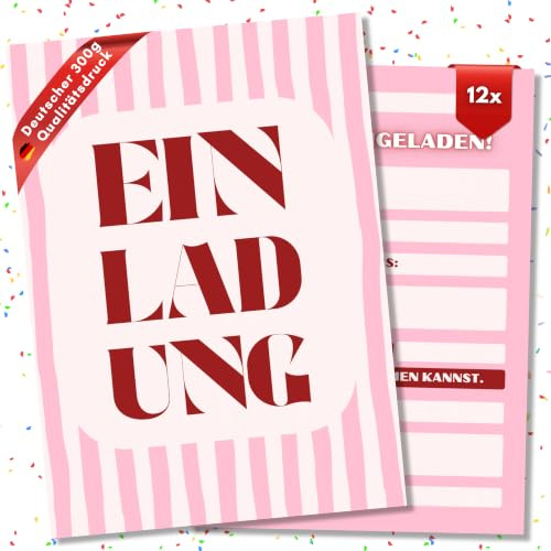 HIDEBLOOM Streifen Einladungskarte Geburtstag Erwachsene - 12 Stück - DIN A6 (10,5 cm x 14,8 cm) - Geburtstagseinladungen Einladungskarten Geburtstag - Schlicht Streifen