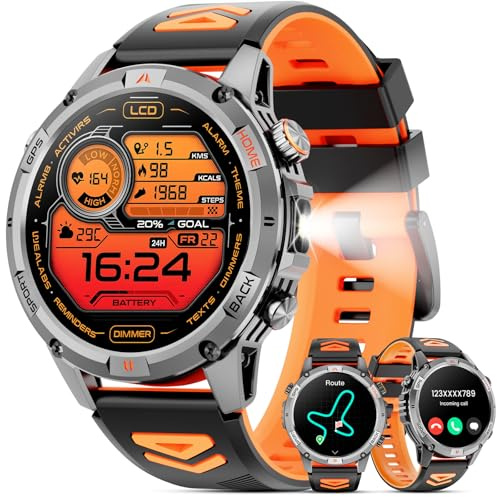Joautrial Military Smartwatch for Men Answer/Make Calls, 1.46 HD GPS Fitness Tracker with LED Flashlight, Heart Rate Sleep Monitor, IP68 Waterproof Smart Watch Compatible with iOS Android (Black)