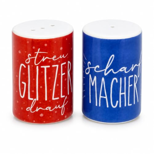 MIJOMA Salt- och pepparströarset – 2 kryddströare av stengods med ordspråksmotiv för kök, matbord och middagsmoment (set med glitter och skarpmakare)