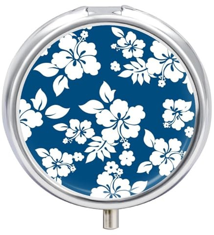 Pilulier rond à motif de fleurs hawaïennes, portable à 3 compartiments, exquis en métal avec fermeture à pression, boîte de rangement pour tablette, sac à main, poche, voyage et utilisation