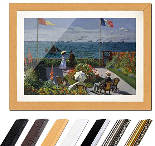 Bilderdepot24 Bild mit Rahmen - Claude Monet Die Terrasse von Sainte-Adresse 40x30 cm ca. A3 - Gerahmter Kunstdruck inkl. Galerie Passepartout Alte Meister - Rahmen buche