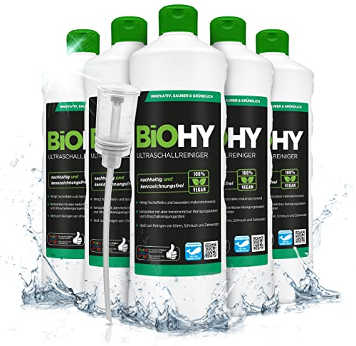 BiOHY Limpiador ultrasónico (6 botellas de 1 litro) + Dosificador | limpieza intensiva y suave de gafas, productos dentales, oro, monedas y joyas (Ultraschallreiniger)
