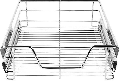 JEOBEST Tiroir Téléscopique de Cuisine, Panier de Rangement de Cuisine, Panier Treillis Métallique en Chromé, Rails Inclus (44x46x14CM)