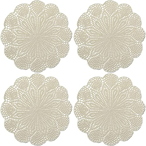 Phantomon 14 Inch Lace Cotton Doilies Crochet Handmade Placemats Round Table Cloth Doily, Pack of 4 (Beige)