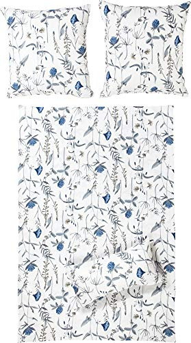 Erwin Müller Perkal-Seersucker Bettwäsche blau-weiß Größe 40x80 cm / 135x220 cm geblümt, schnelltrocknend, bügelfrei, mit Reißverschluss