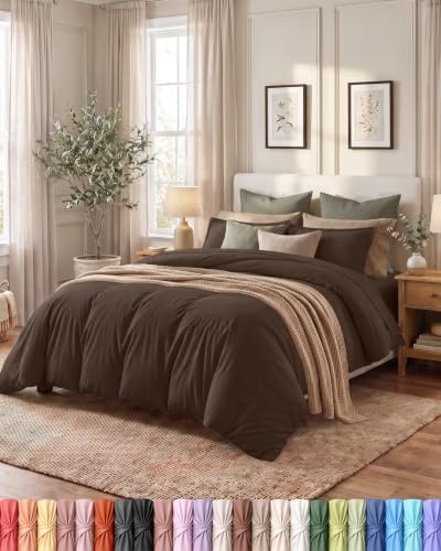 Duvet Cover Queen, 3 Piece Cotton Like Polyester With Zipper Closure, Brown