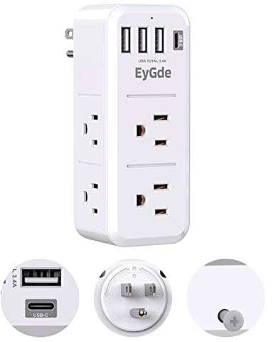 EyGde Multi Plug Outlet Extender Surge Protector 1700J, Wall Power Strip with Rotating Plug & 4 USB Charging Ports (1 USB C), 3 Side Swivel Outlet Splitter with 6 Spaced Sockets for Home Office Travel