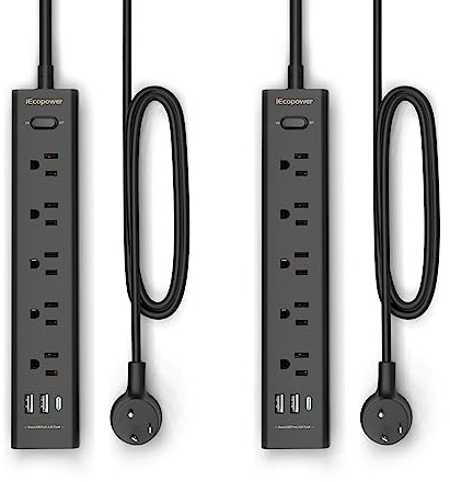 10FT Long Surge Protector Power Strip-with 5 Widely Outlets and 3 USB Ports(1 USB C Port),10 Foot Extension Cord(1250W/10A),Wall Mount for Home Office,700 J,Black(2 Pack)