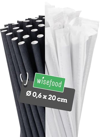 wisefood Papperssugrör, 2000 st. (20 x 100 styck) svarta, individuellt förpackade sugrör, Ø 6 mm x 20 cm, fri från PLA/PE, biologiskt nedbrytbara engångssugrör av robust papper