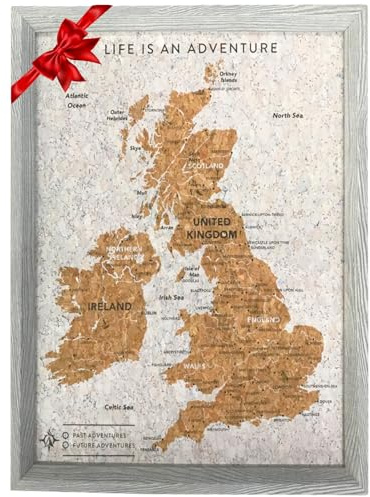 Splosh Pinnwand Großbritannien & Irland - Grau mit 100 Pins | Gerahmte Kork-Reisekarte mit 100 Pins in 2 Farben zum Markieren von Städten, Ländern und Reiseerlebnissen.