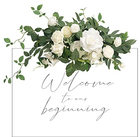 Ling's moment Hochzeit Blumen Swag Willkommensschild Künstliche Blumen Hintergrund Girlande Weiß Salbei Grün für Zeremonie Empfang Tür Wand Staffelei Home Dekorationen Eingangsbereich Faux Outdoor