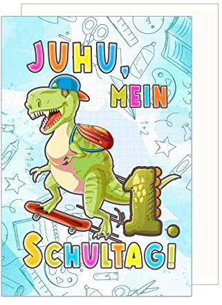 Edition Seidel Premium Glückwunschkarte zur Einschulung mit Umschlag. Einschulungskarte Grußkarte Karte zum Schulanfang Schuleinführung Schulstart Junge Schulanfang 1. Klasse Dino (ES136 SW023)