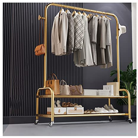 Einzelne aufgeräumte Schienen Robuster Kleiderständer aus Metall Freistehender Kleiderbügel Multifunktionaler mobiler Kleiderwagen Mit 2-stöckigen unteren Lagerregalen für Schlafzimmer ( Color : Gold