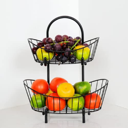 JUNYFFF Frutero De 2 Pisos - Cesta De Frutas Metálica para Mostrador Y Organizador Cocina – Fruteros De Cocina Estilo Vintage – para Verduras Y Frutas Frescas - Soporte De Frutas con Cuencos,Negro