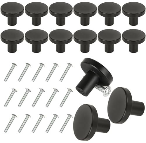 SHUESS 15 Pcs Black Knobs for Chest of Drawers - Round Aluminium Alloy Cabinet Knob - 25 mm Single Hole Drawer Knobs with Screws for Drawer, Wardrobe, Cabinets, Doors, Decoration (0.98 x 0.79 inches)
