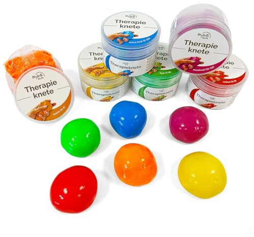 6er Set Premium Therapieknete, geruchlos vegan rückstandsfrei, 6 verschiedene Farben und Härtegrade, DBT Skills Anti Stress, je 50g, Gegen Anspannung und für mehr Beweglichkeit und Konzentration