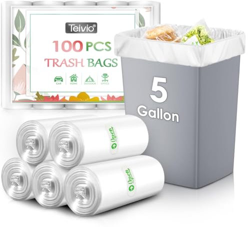 Teivio 20 Liter 100 Counts Strong Pedal Bin Liners Trash Can Bags, fit 4.5-5 Gal Garbage Bags, Bathroom Waste Bin Liners, Small Plastic Bags for home office kitchen, Clear